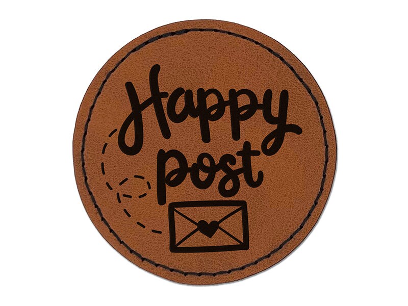 Happy Post Mail Envelope with Heart Round Iron-On Engraved Faux Leather Patch Applique - 2.5&#x22;