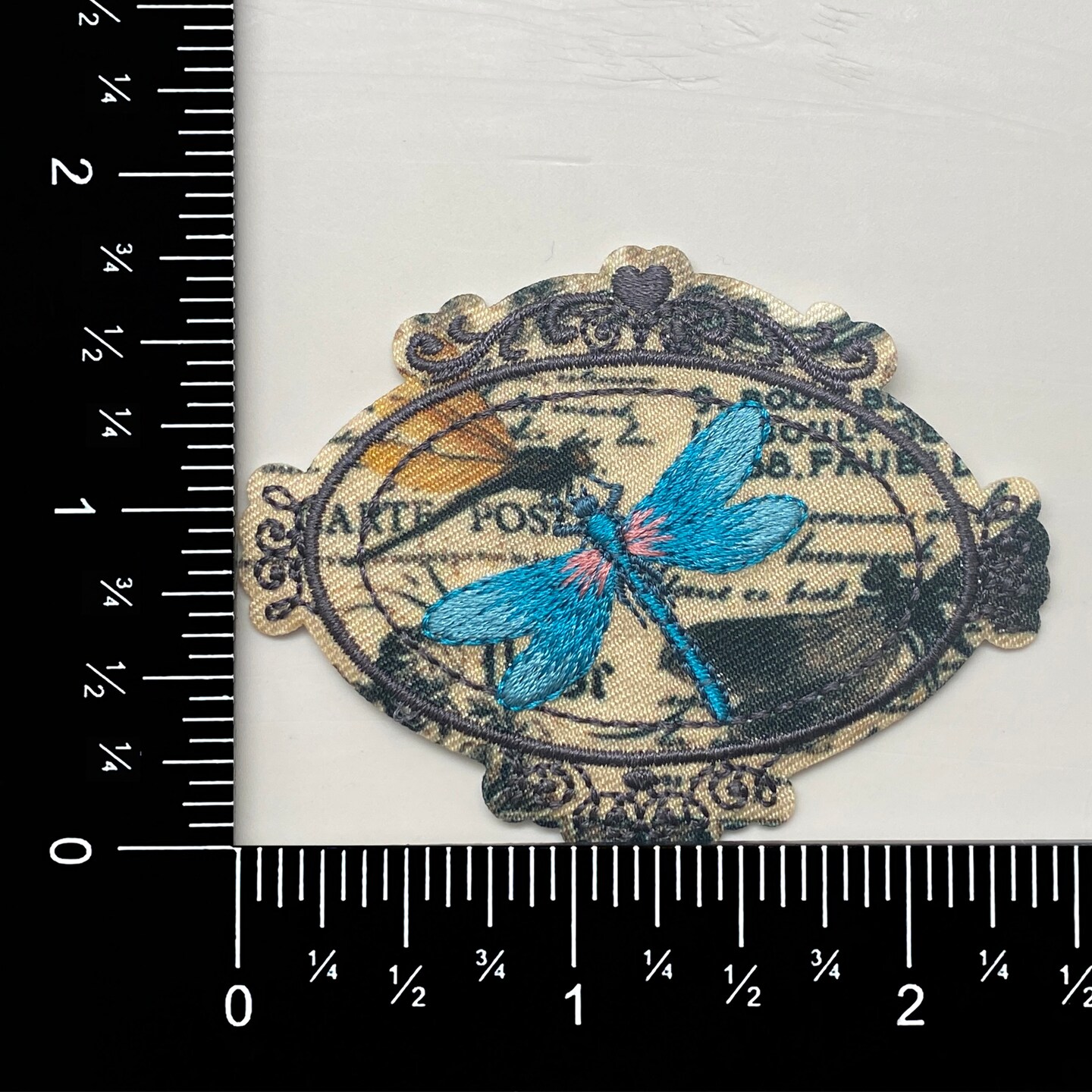 Dragonfly in Vintage Postage Stamp Frame, Embroidered, Iron-on Patch