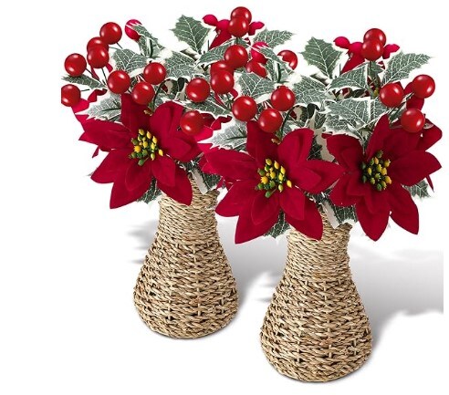 Christmas Potted Plant Holly Berries Silk Poinsettia Arrangement