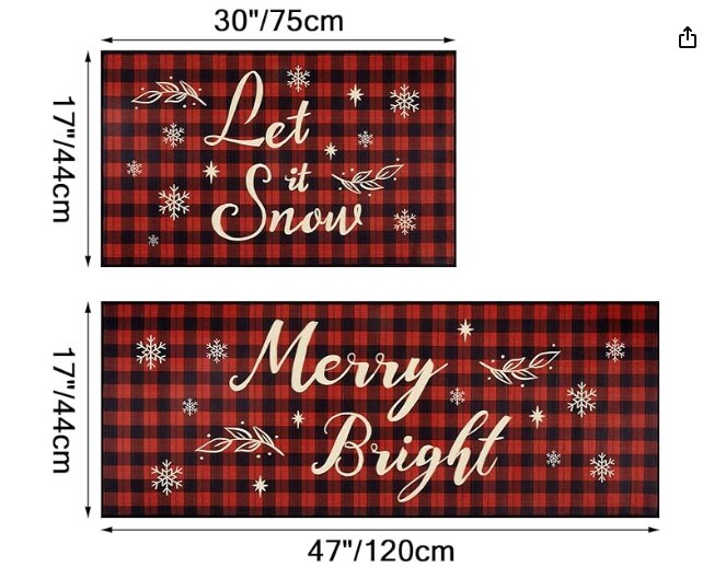 Christmas Kitchen Mat - Red Buffalo Plaid Indoor Floor Mats Non-Slip Kitchen Backing Area Rugs - 2 Piece Kitchen Mats Set 17'' x 47''+17'' x 30'' Xmas Door Carpet for Kitchen Home Christmas Decor