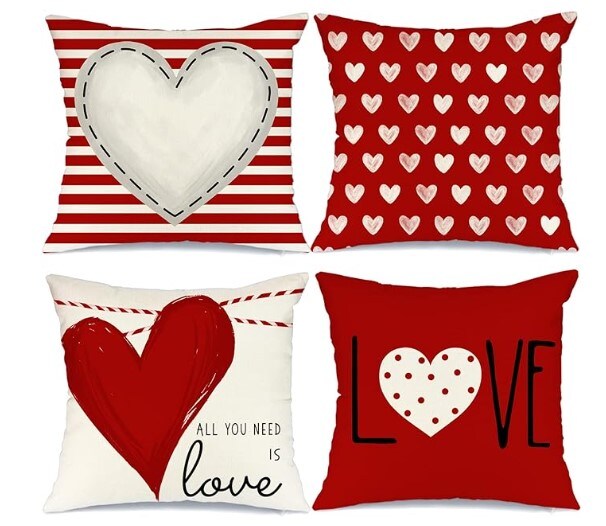 Red White Stripes Dots Love Heart Valentines Day Pillow Covers Set of 4 for Valentines Decor Decorative Cushion Cases for Valentine's Day Valentine's Day Decorations