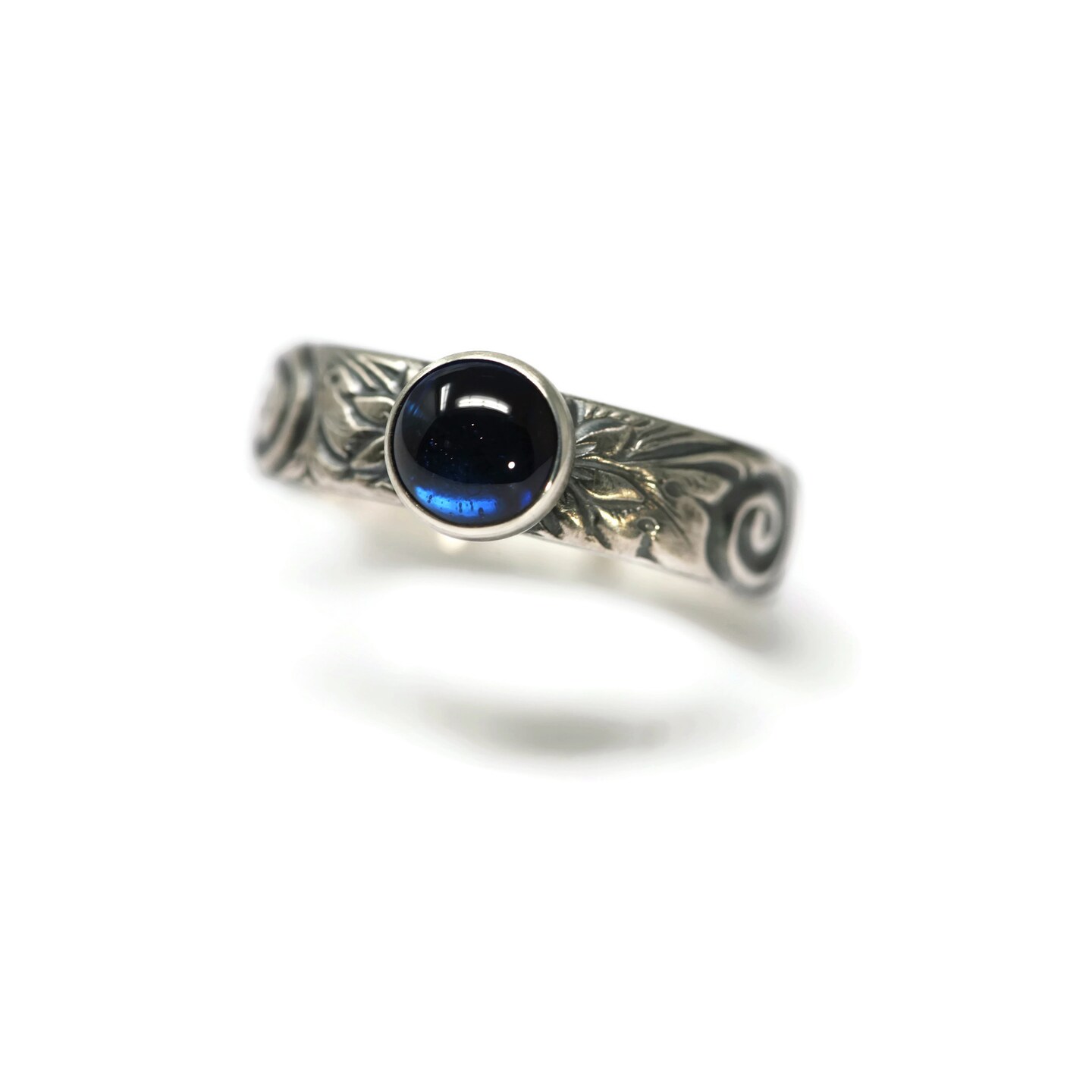 6Mm Created Blue Sapphire Ring Flower Pattern Vintage Silver By Salish Sea Inspirations