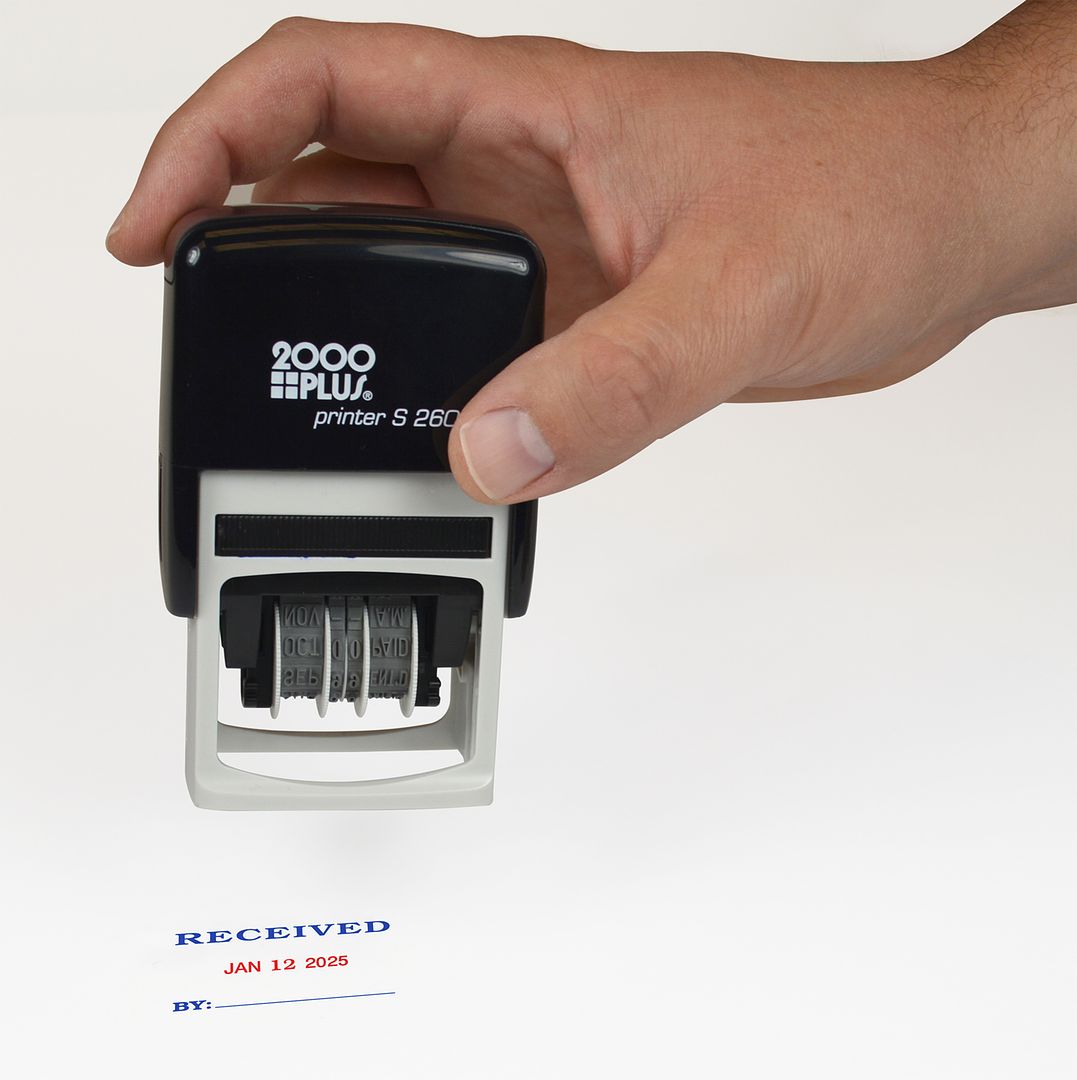 2000 PLUS Self-Inking Message and Date Date Stamp, FAXED, PAID, RECEVIED, ENTERED, 1-3/4&#x22; X 7/8&#x22; Impression, Self-Inking, Red and Blue Ink