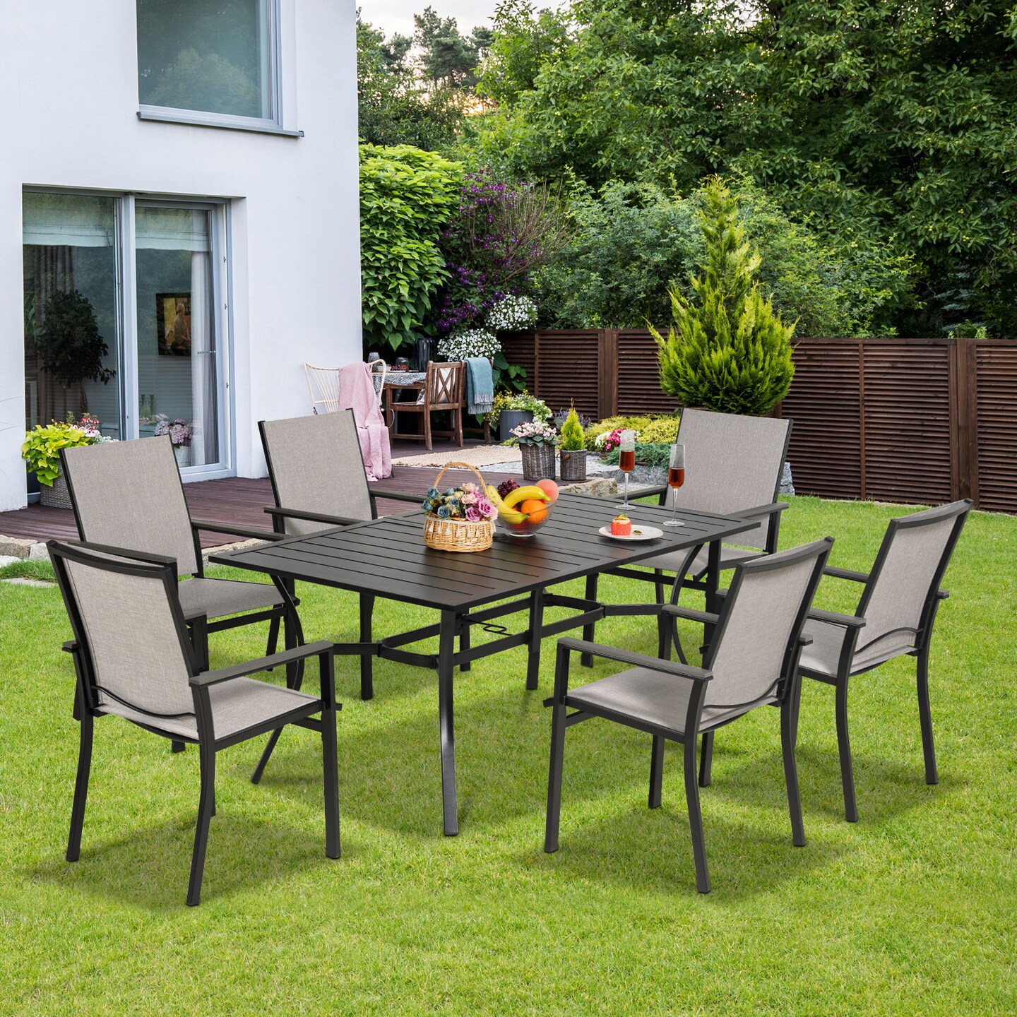 MEOOEM Patio Dining Set Outdoor Furniture Bistro Metal Table Side Table and Metal Stackable Chairs; Black