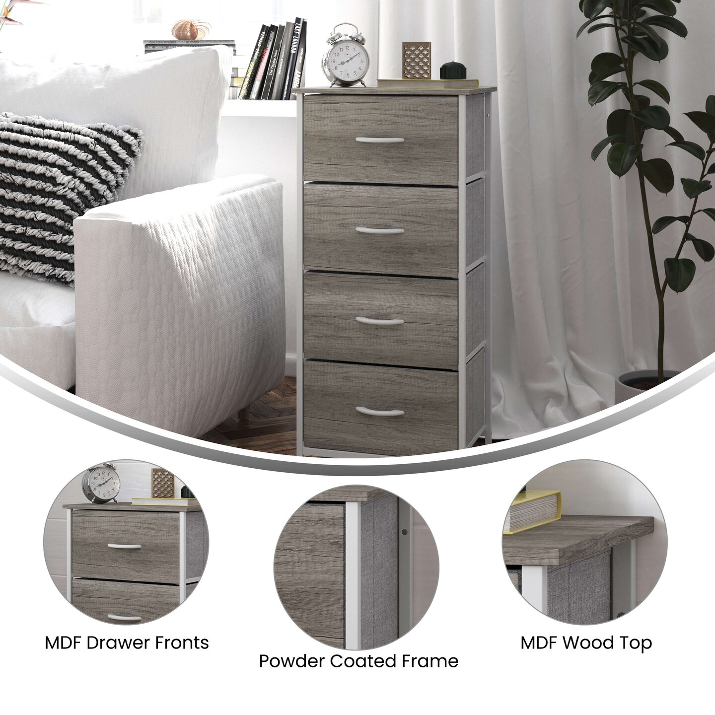 Emma and Oliver Marley 4 Drawer Storage Dresser with Cast Iron Frame, Wood Top and Easy Pull Engineered Wood Drawers with Wooden Handles