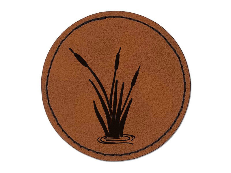 Cattails in Water Round Iron-On Engraved Faux Leather Patch Applique - 2.5&#x22;
