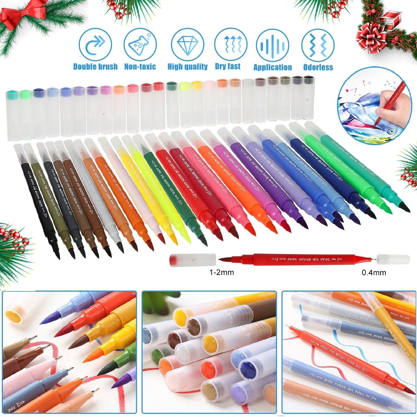 24 Waterproof Dual Tip Watercolor Outline Pens for Art