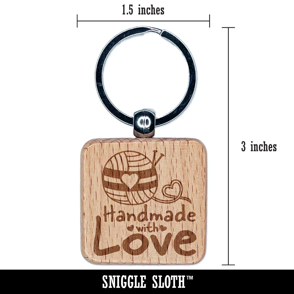 Handmade With Love Knitting Yarn Engraved Wood Square Keychain Tag Charm
