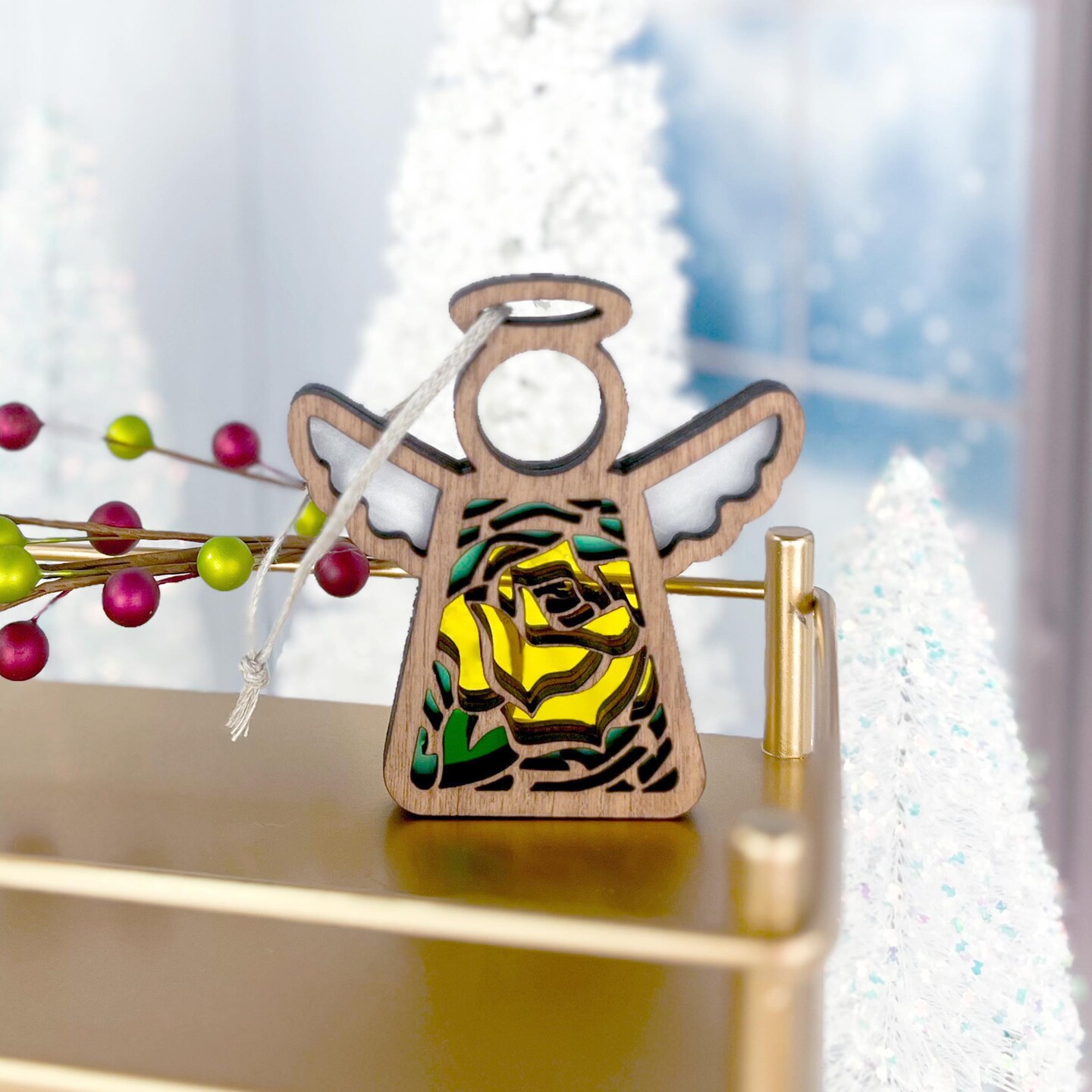 3.5" (H) Yellow Rose Ornament - Handcrafted in Texas - Mother's Angels® Christmas Angel Wings Figurine