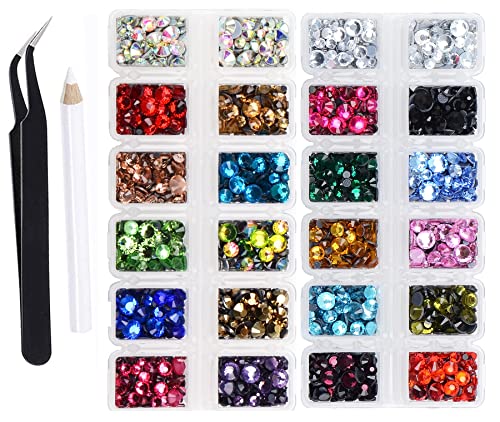 7000 pieces 5 Sizes Iron Flatback Glasses Rhinestones Crystal for DIY Project with Tweezers and Picking Pen for Bags, Shoes, Clothes and Manicure (5 Sizes, 22-Colors) (FYGEM#0022)