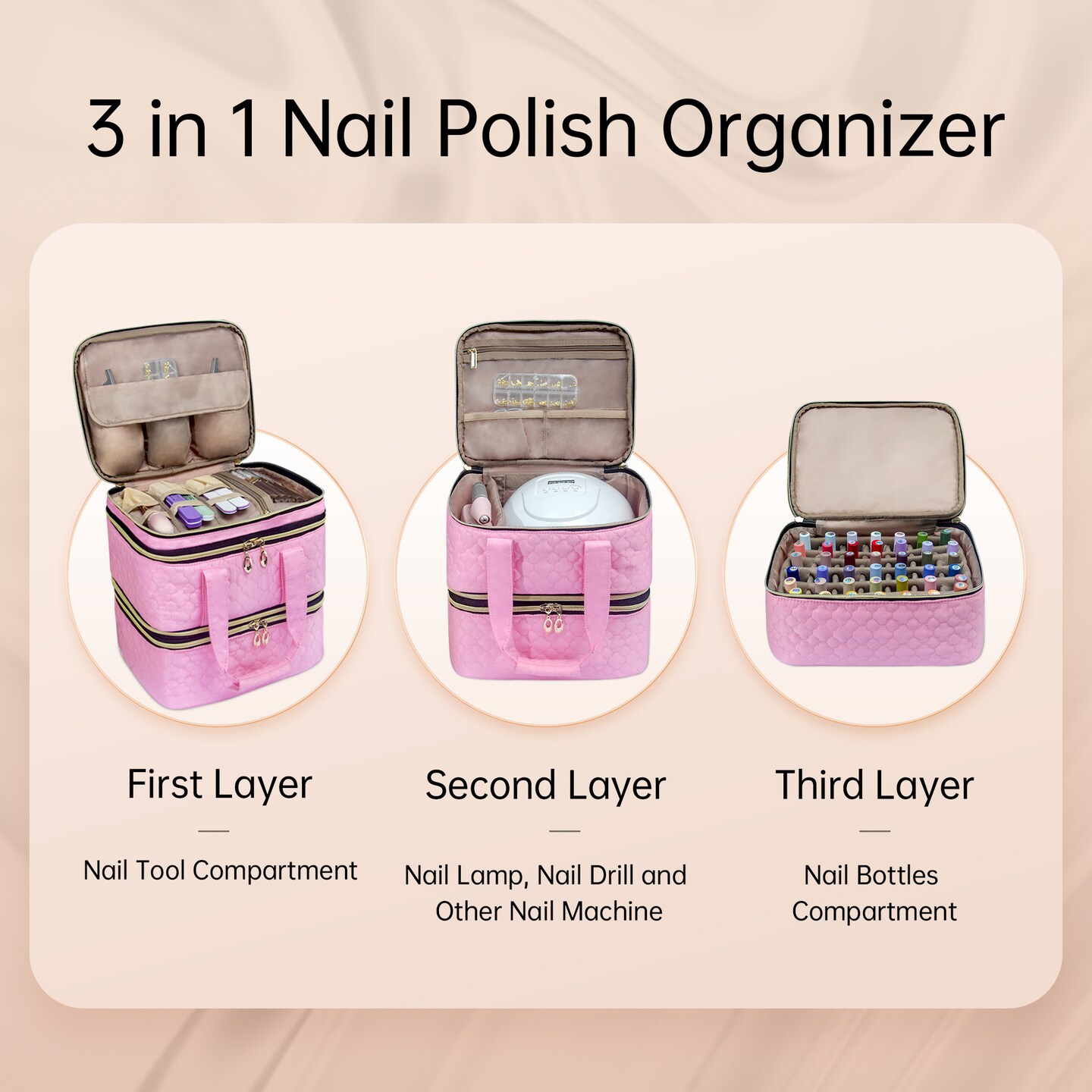 Nail Polish Organizer;  Three-Layers Nail Polish Organizer Case with Detachable Nail Machine Compartment;  3 in 1 Portable Nail Polish Holder Organizer Case