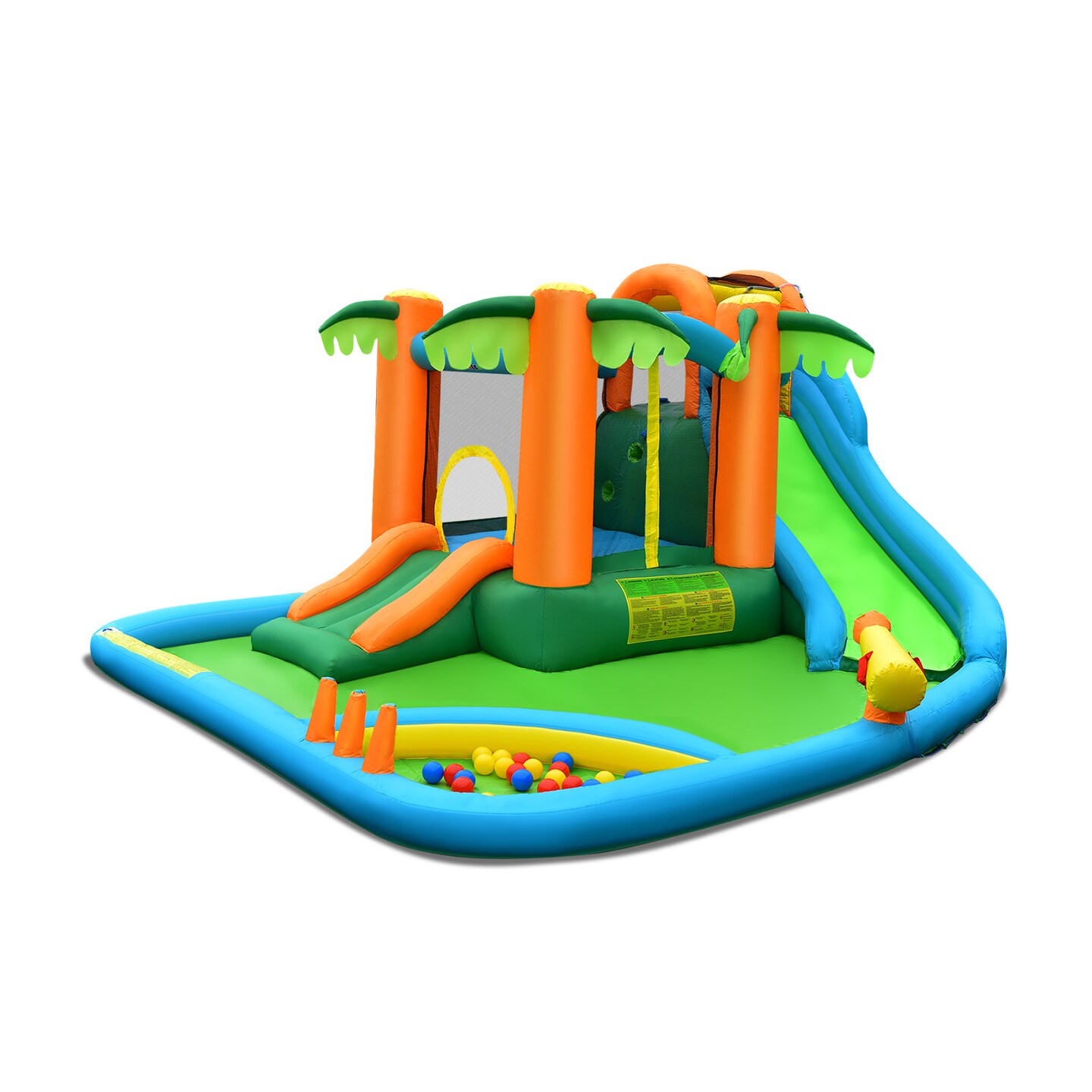 Green Orange Inflatable Slide Bouncer With Mesh Safety Walls Splash Pool And Balls