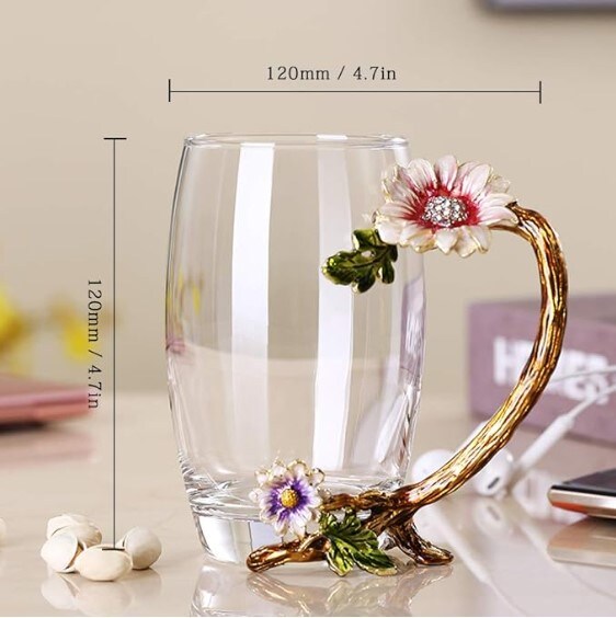 Enamel Sunflower Crystal Lead-Free Glass Tea Cup with Spoon Set, Christmas and Valentine&#x27;s Day Gift.The ideal gift for a mother, grandmother, girlfriend, or sister.