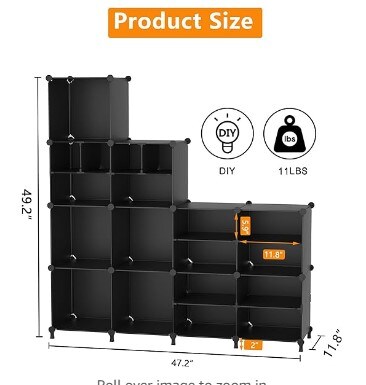 Closet Organizer Storage Cubes 12 Cube Shelves, Black, with Large and Small Cubes, DIY Portable Closet Clothes Storage Shelfs for Home, Bedroom