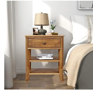 Rustic Wood 3-Tier Nightstand with Storage Shelf and Drawer/Round Metal Knobs/Heritage Collection Furniture/End Table/Side Table, Teak Finish