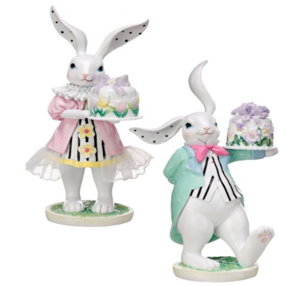 9" Easter Bunny Cake Server Figurines – Vintage-Inspired Rabbit Couple Holding Cakes (Set of 2)