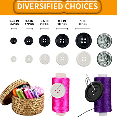 162 Pieces Mixed Resin Sewing Buttons, Eco-Friendly 1 inch Buttons with Compartmentalized Storage Box Black Buttons, 4 Holes 5 Sizes DIY White Buttons, Suitable for Sewing, DIY and Holiday Decoration.