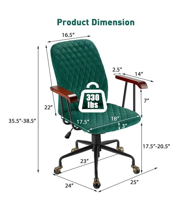 Swivel Adjustable Task Chair with Wooden Armrest Green Velvet Home Office Chair