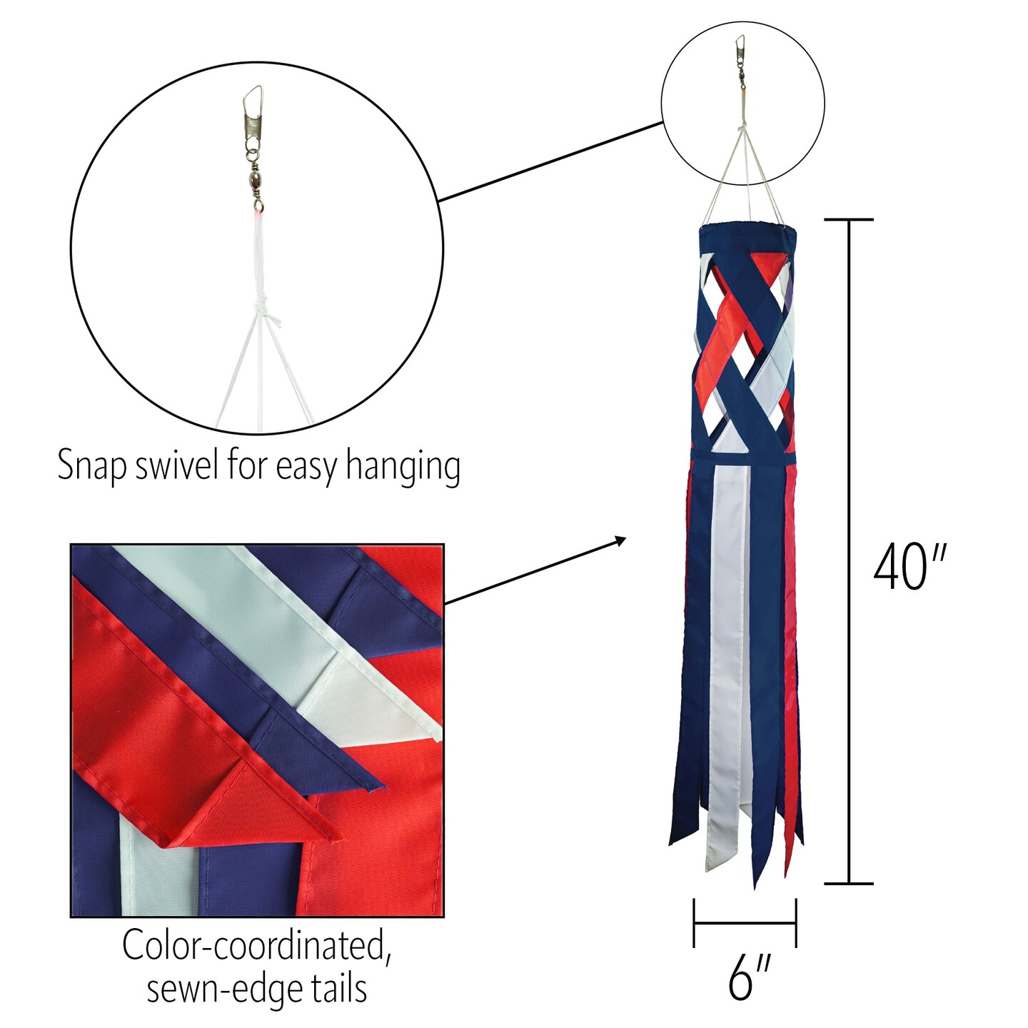 In the Breeze 5217 &#x2014; Red, White &#x26; Blue Diagonal Weave 40&#x22; Windsock &#x2014; Patriotic Lattice Windsock with Color-Coordinated Tails, Fourth of July Decoration