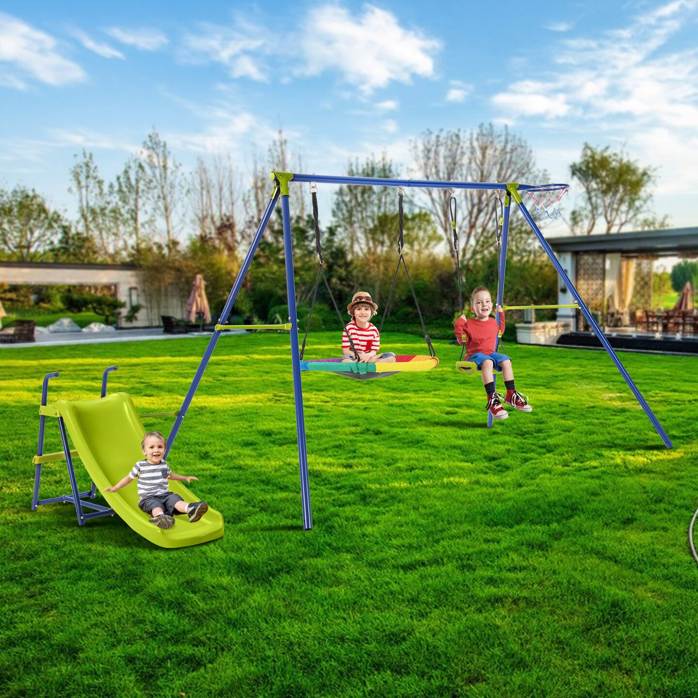 Backyard Swing Set with Slide Swings and Basketball Hoop Multicolor