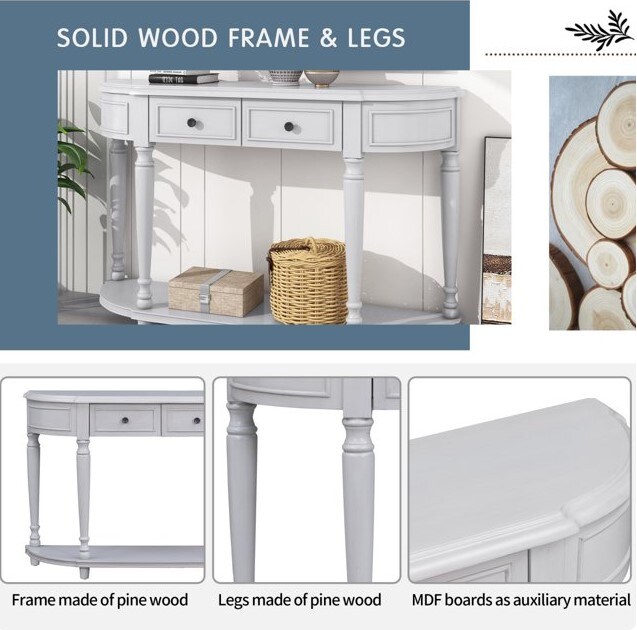 Retro Circular Curved Console Table, Half Moon Narrow Sofa Table with Open Style Shelf and 2 Top Drawers, Solid Wooden Entryway Table for Hallway Living Room Bedroom (Gray Wash)