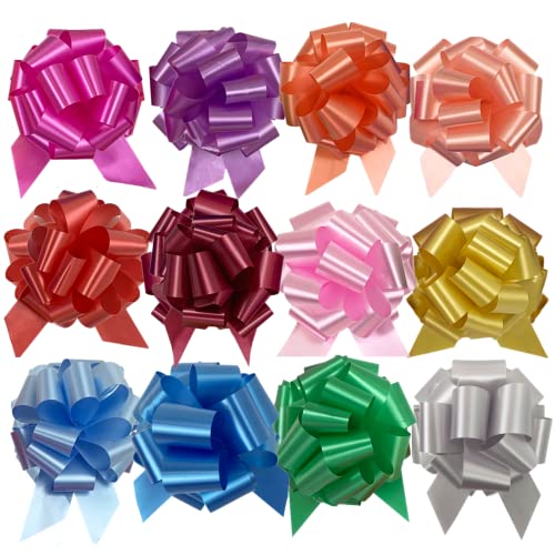 UNIQOOO 48Pcs 12 Color Easter Gift Wrap Pull Bows, Large 6 Inch Assorted Gift Pull Bows, For Gift Basket, Gift Bag Box Wrapping Decor, Valentines Day, Birthday, Anniversary, Wedding, Florist Packaging