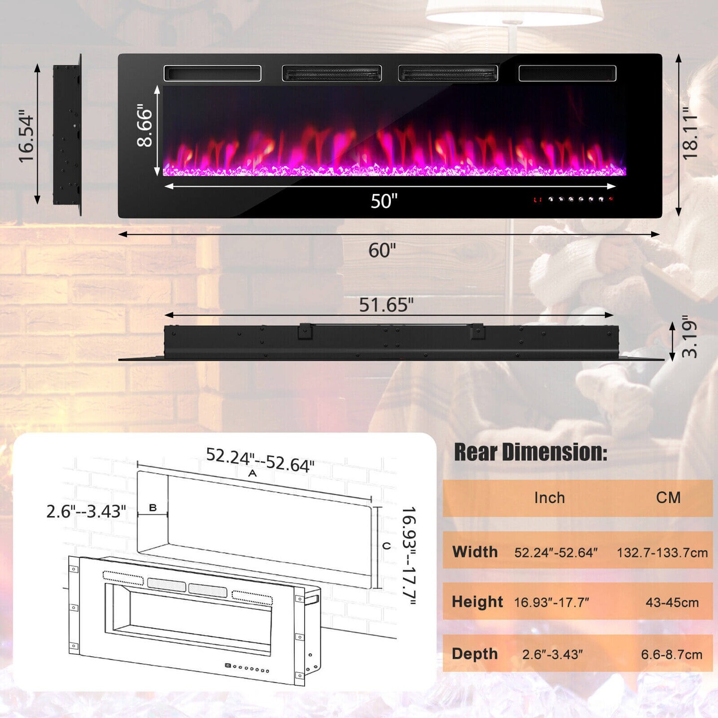 Ultra-Thin Electric Fireplace with Decorative Crystals and Smart APP Control