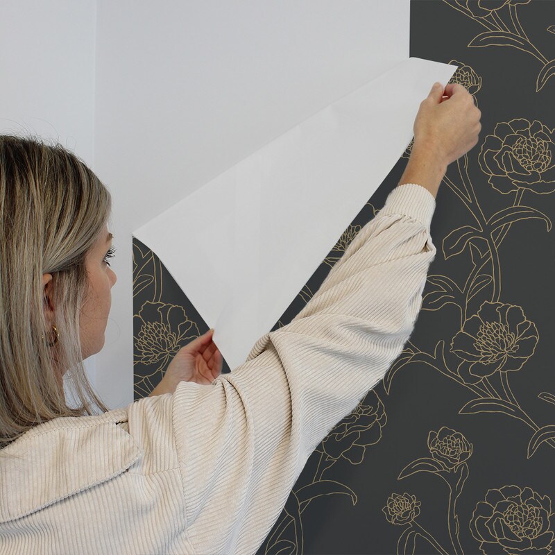 Tempaper Peonies Peel and Stick Wallpaper Noir Slate Grey &#x26; Metallic Gold