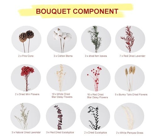 Dried Christmas Flowers 52 Pieces Dried Red Flowers Bouquet with Pine Cone Bunny Tails Grass Red Eucalyptus Plants for Home Wedding Table Gifts Christmas Kitchen Party Decoration (16.5&#x22;)