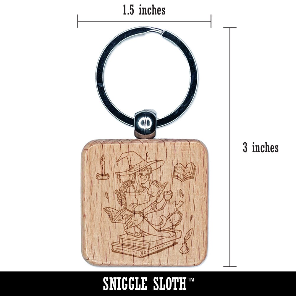 Studious Witch Reading Books with Cat Halloween Engraved Wood Square Keychain Tag Charm