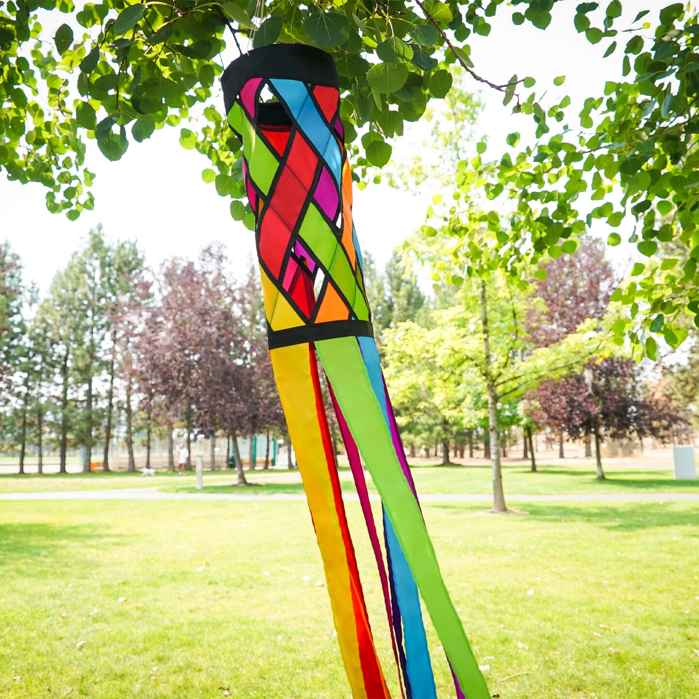 In the Breeze 5209 — Fiesta Diagonal Weave 40-inch Windsock — Colorful Lattice Windsock with Color-Coordinated Tails