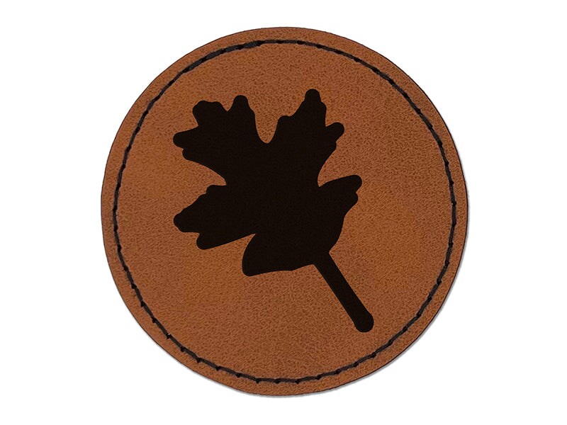 Oak Leaf Solid Round Iron-On Engraved Faux Leather Patch Applique - 2.5&#x22;