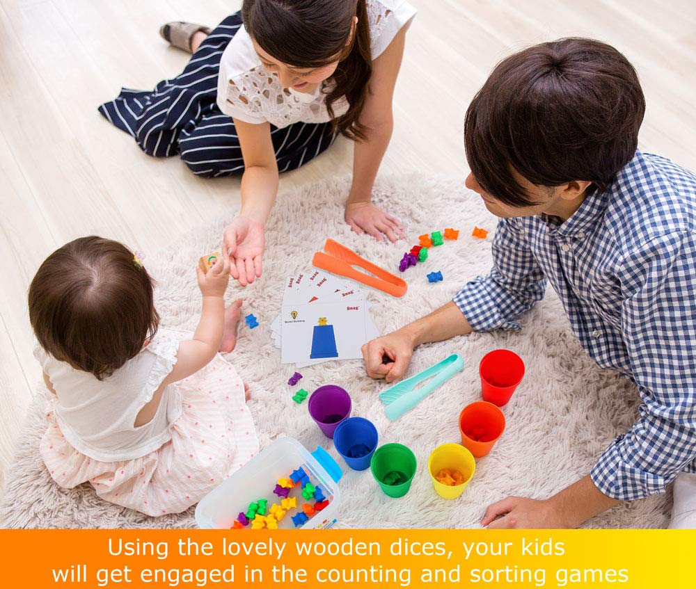 Counting Bears with Matching Sorting Cups,Pre-School Math Learning Games with 2 Dices,Color Recognition STEM Educational Toy for Toddler Bonus Tweezers, Storage Box, Activity Cards