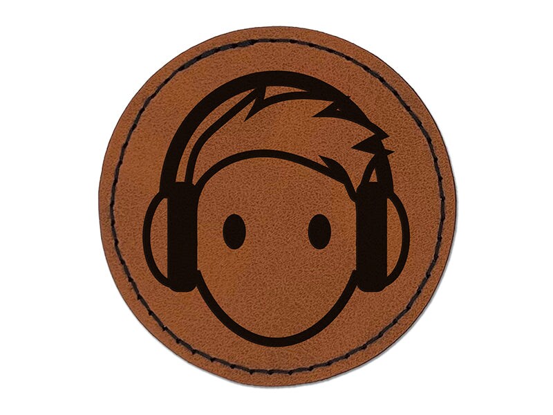 Occupation DJ with Headphones Icon Round Iron-On Engraved Faux Leather Patch Applique - 2.5&#x22;