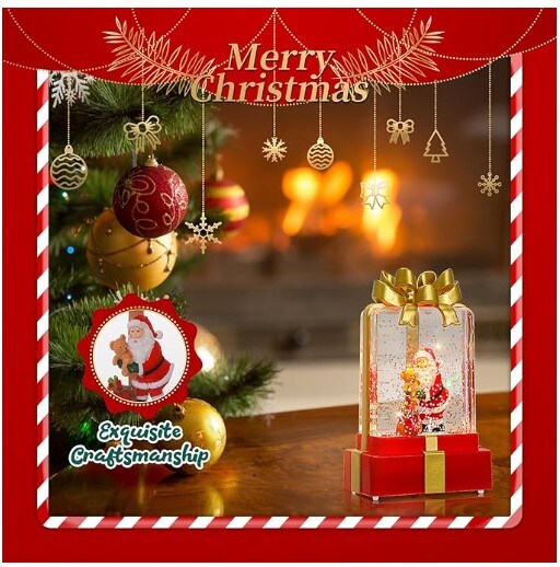 Battery-Operated Christmas Decorations, Christmas Snow Globe Lighted Water Lantern Decorative Gift Box with Swirling Glitter and Santa Claus