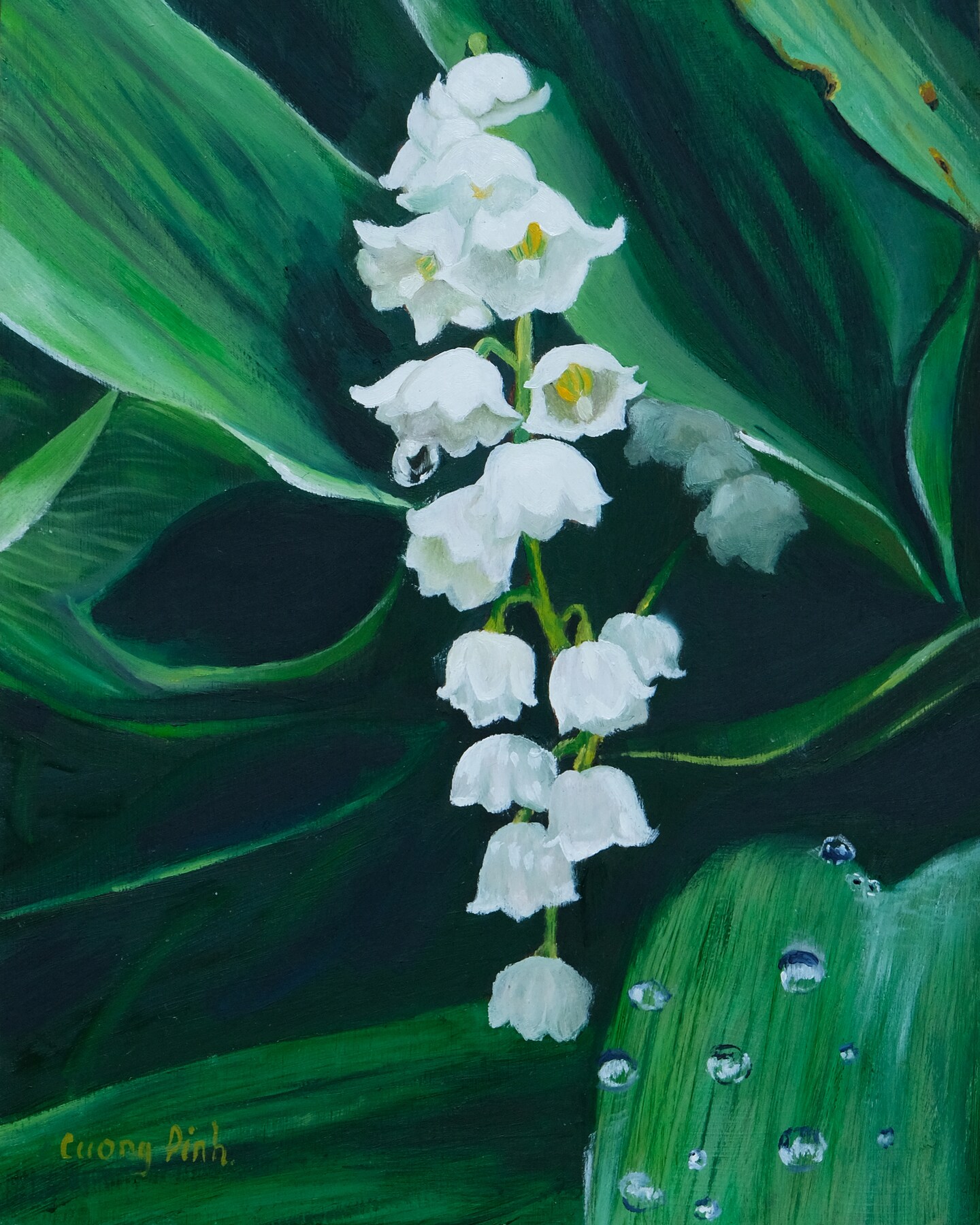 Lily of the valley , 8x10 original oil on gesso board. Gift for: Birthday, Mother's Day, Housewarming, Wedding, Kitchen Art, Dining Art