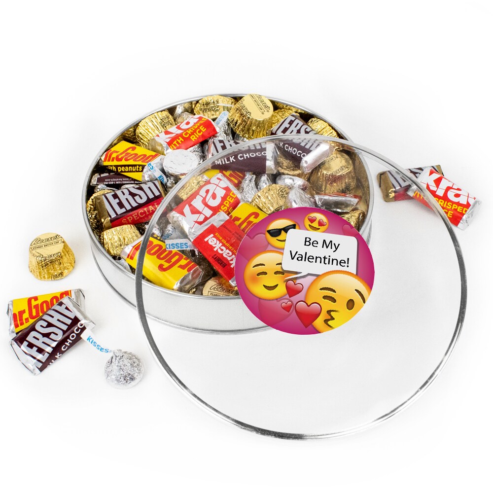Valentine&#x27;s Day Candy Gift Tin - Plastic Gift Tin with Hershey&#x27;s Kisses, Hershey&#x27;s Miniatures &#x26; Reese&#x27;s Peanut Butter Cups - Emoji