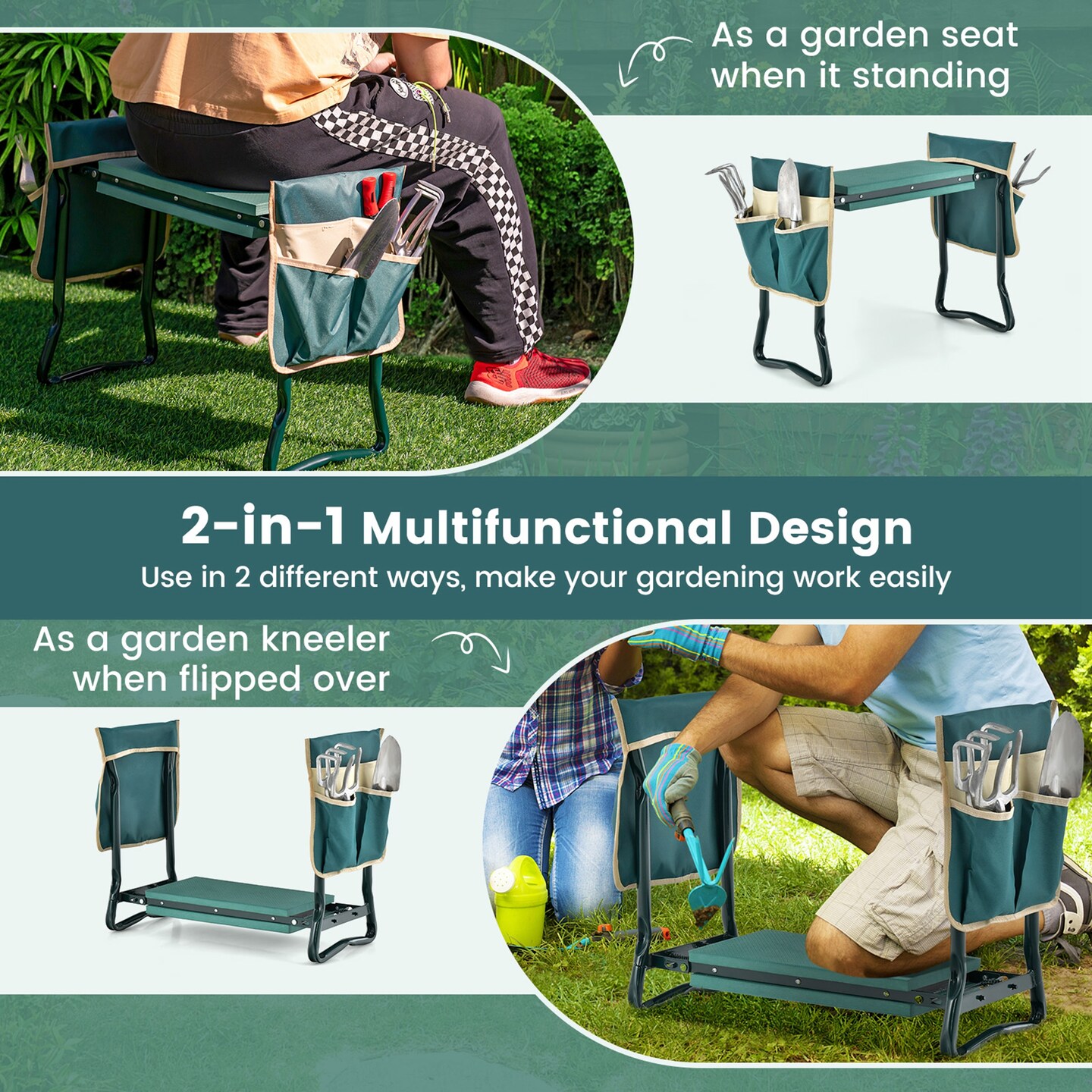 Costway Folding Garden Kneeler Seat Bench w/2 Bonus Tool Pouches EVA Foam Pad