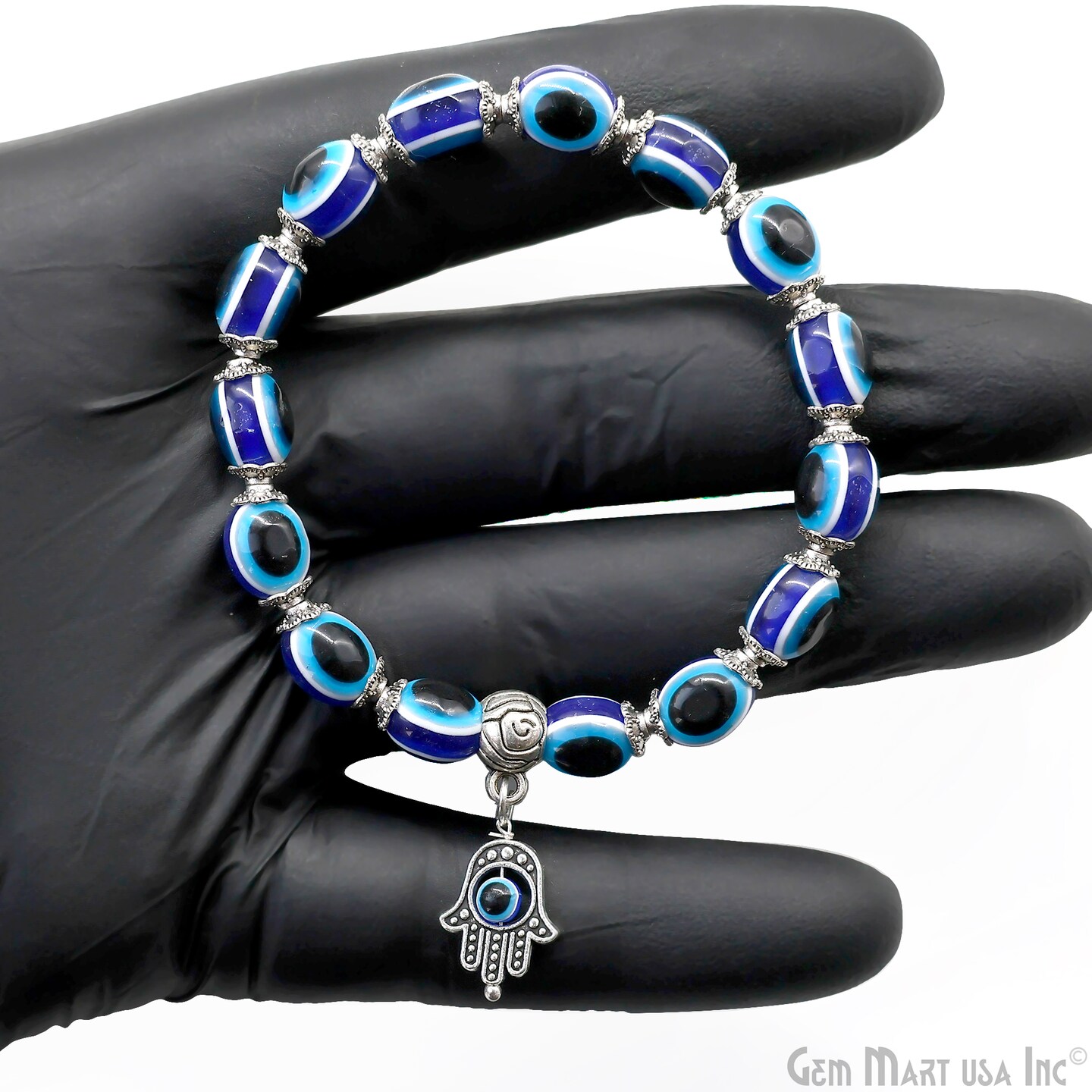 Turkish Evil Eye Beaded Bracelet with Hamsa Hand, 7 inch, Stretchy, Unisex, Adjustable Protection Talisman, GemMartUSA (EE-14311)
