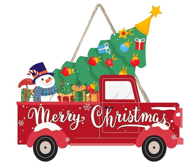 Merry Christmas Door Sign Wall Hanging, Red Car Christmas Door Hanger, Snowman Christmas Tree Door Decor, Winter Welcome Sign 11x11 Inch Christmas Door Decorations