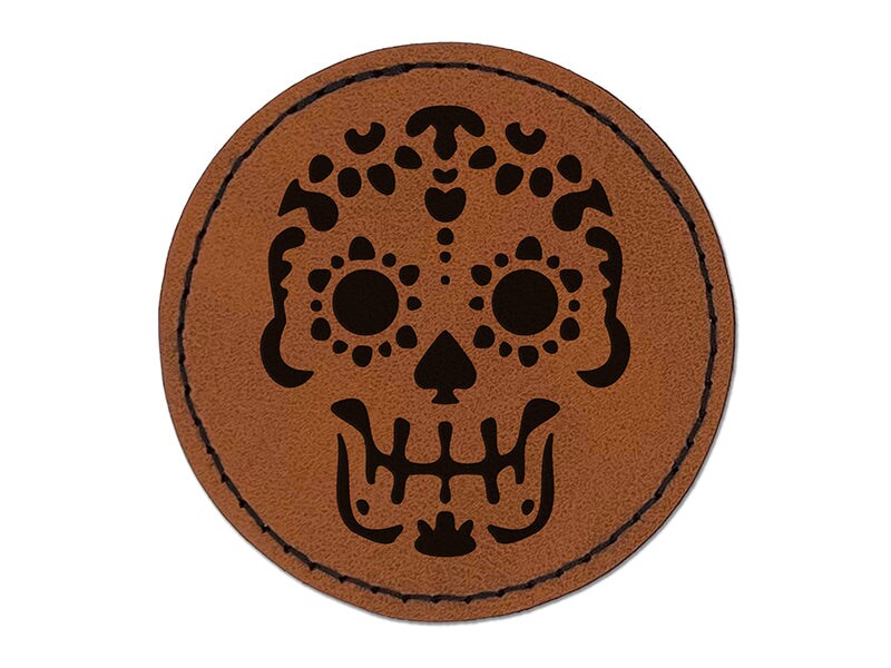 Mexican Day of the Dead Sugar Skull Skeleton Round Iron-On Engraved Faux Leather Patch Applique - 2.5"