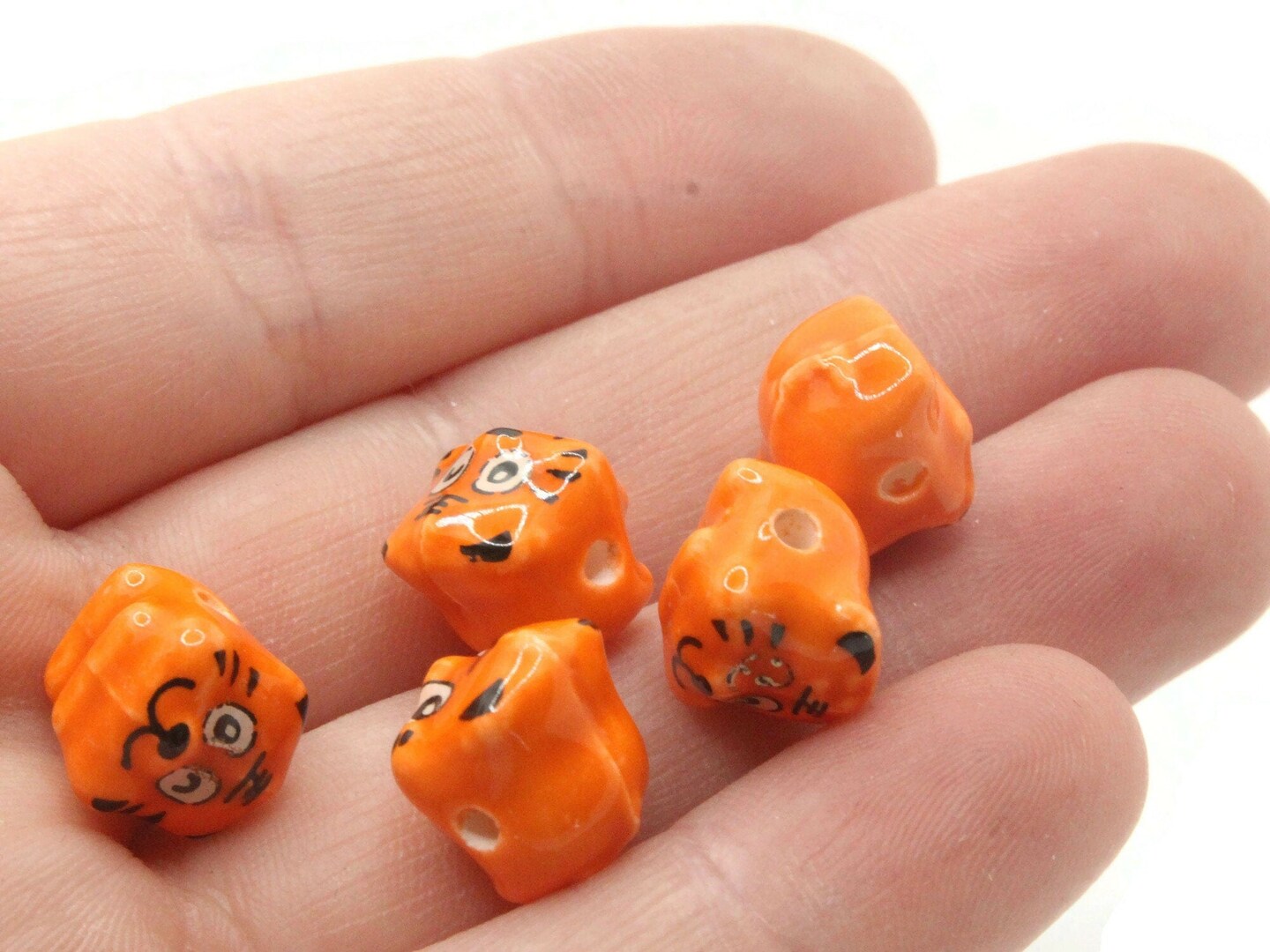 5 Porcelain Tiger Cat Orange Striped Porcelain Glass Animal Beads