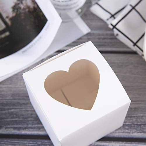 ONE MORE 3&#x22; Mini Single Favor White Cupcake Boxes with Heart Shape Window without Handle,Small Cupcake Box Carrier Individual Containers 3X3X3inch,Pack of 25