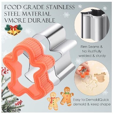 Christmas Cookie Cutters: 9 Christmas holiday themed baking cutters in the shapes of a flying deer, a snowflake, a Christmas tree, a deer head, Santa Claus, socks, crutches, a snowman, and a gingerbread man.