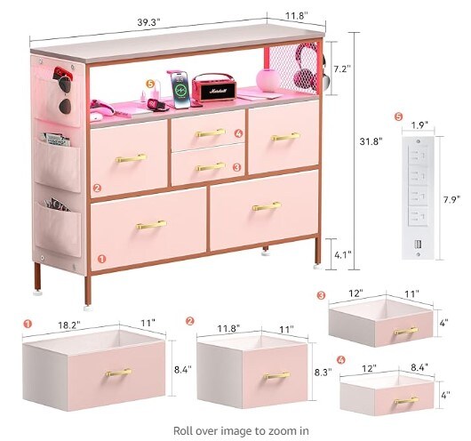 Pink Fabric Chest of Drawers with PU Finish, Six Drawers with Side Pockets and Hooks, Wide Dresser with Shelves for 45&#x22; TV, TV Stand for Bedroom with Power Outlets and LED Lighting
