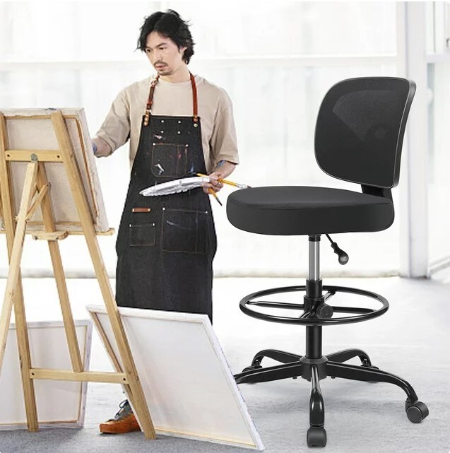 Tall Office Desk Chair with Adjustable Height and Footring, Low-Back Ergonomic Standing Desk Chair Mesh Rolling Tall Chair for Art Room, Office, or Home