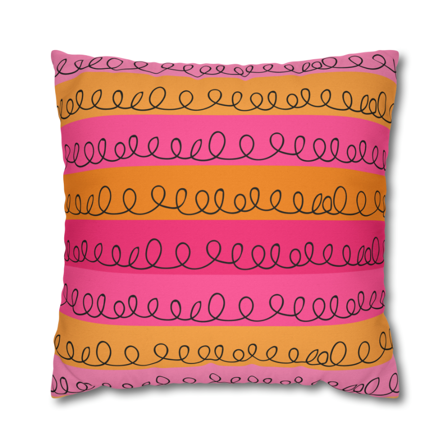 Black Loopy Stripes on Pink and Orange Square Pillow CASE ONLY, Playful Throw Pillow, Dorm Room Decor