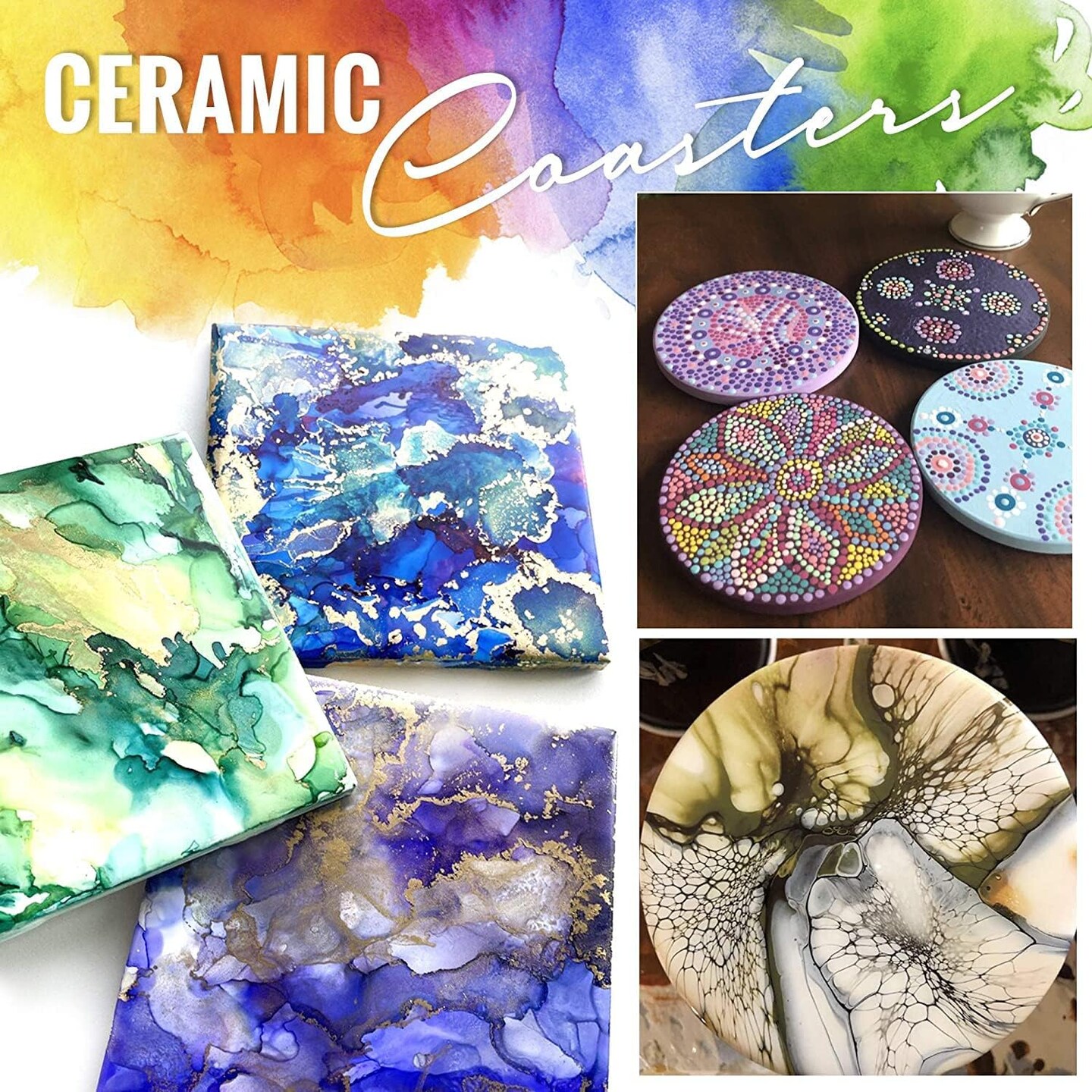 50 Blank Ceramic Tiles for Coasters and Mosaics - Round Ceramic White Tiles (Unglazed) with Cork Backing Pads for Use With Alcohol Ink or Acrylic Pouring