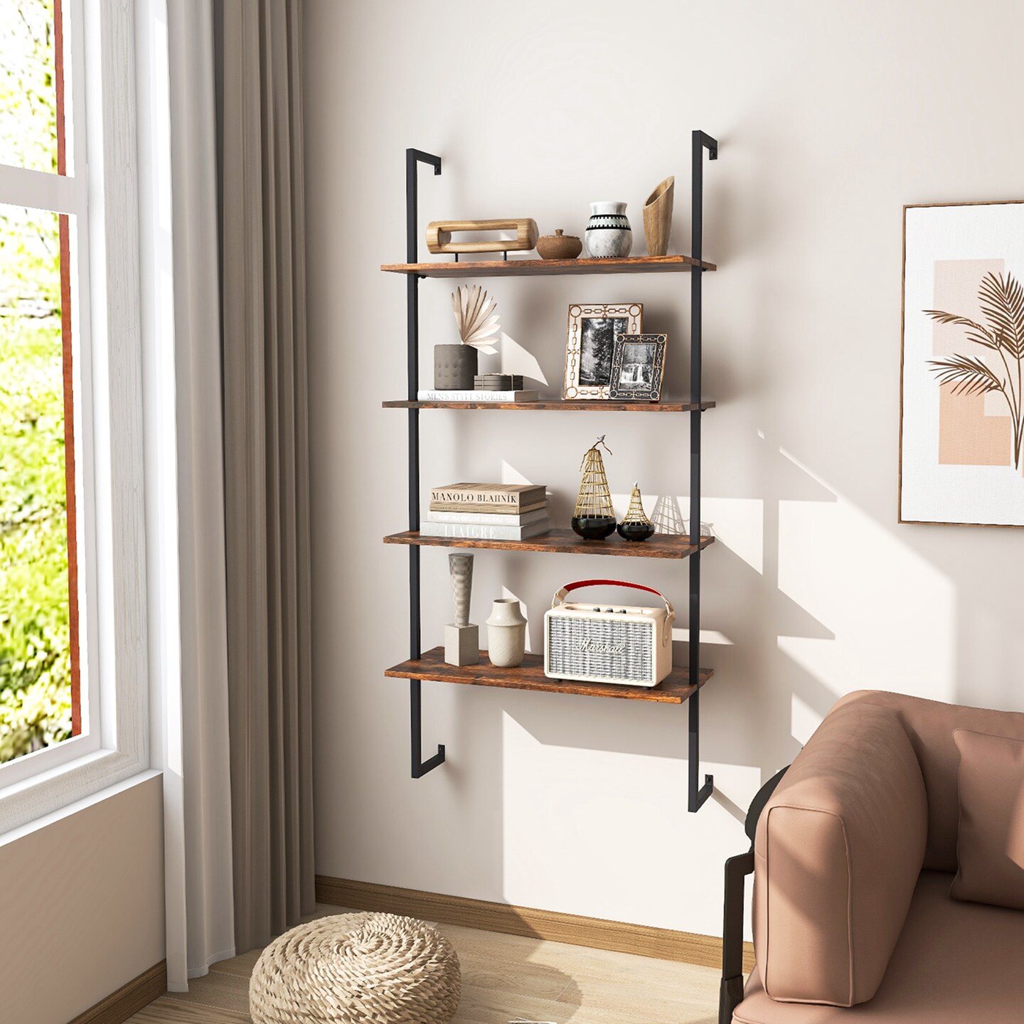 Costway 2 PCS 4-Tier Ladder Shelf Bookshelf Industrial Wall Shelf with Metal Frame Rustic