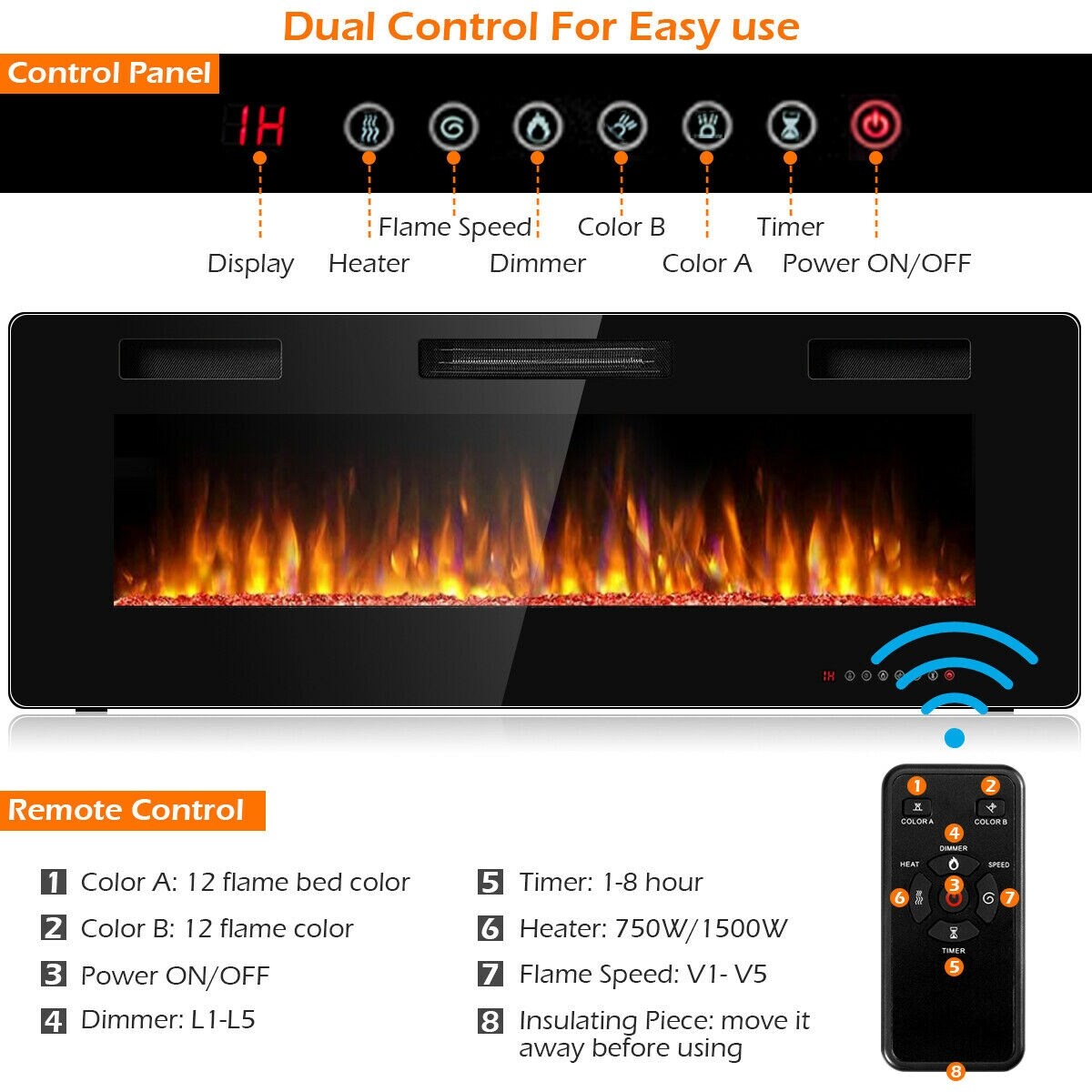 Recessed Ultra Thin Electric Fireplace Heater with Glass Appearance